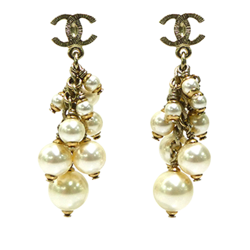 Pre-Loved Chanel CC Gold Plated Faux Pearl Tassel Drop Push Back Closure